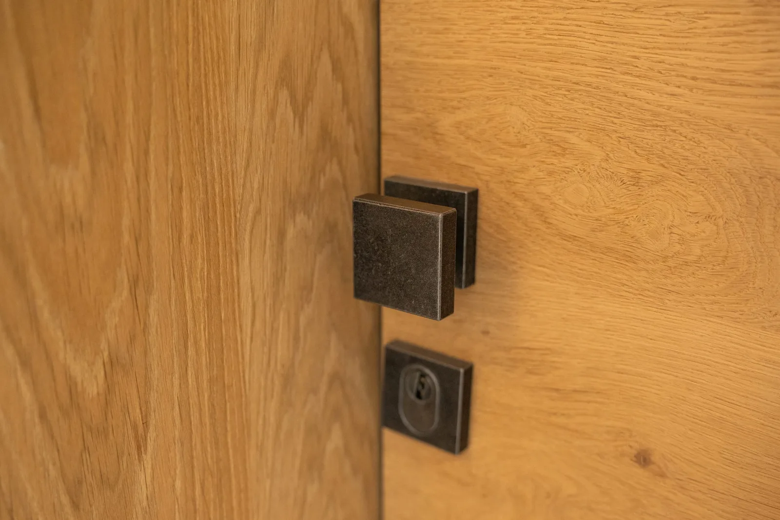 Eichentür mit quadratischem Drücker und Rosette im Detail